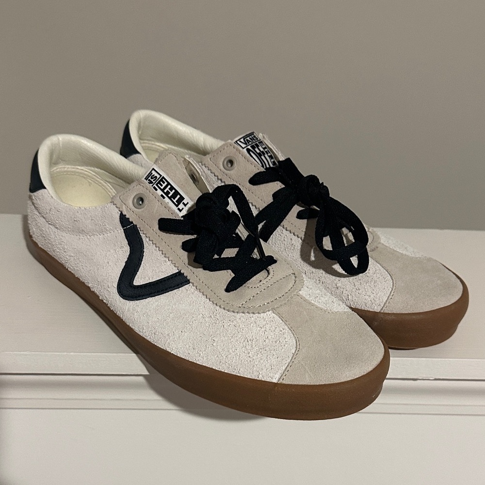 Vans Cream and Black Suede Sneakers with Gum Sole